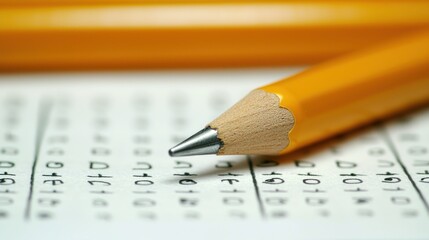 A yellow pencil with a black eraser on a white paper with a grid of numbers, a pen lying on top of the paper, and a blurred background.