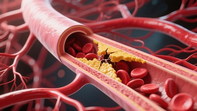 Artery cross section with red blood cells flowing past yellow plaque on vessel wall, network of vascular structures, high cholesterol, hyperlipidemia, hypercholesterolemia