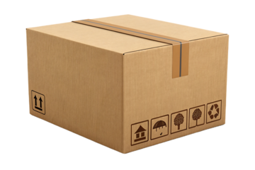 Sealed corrugated cardboard shipping box with brown packing tape and environmental symbols, isolated on a transparent background
