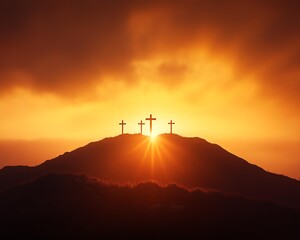 Obraz premium Silhouettes of crosses against a vibrant sunset on a hilltop, symbolizing faith and hope in serene surroundings.