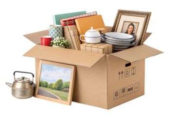 Open moving box with household items including teapot, dishes, books, plant, and framed photo, isolated on a transparent background