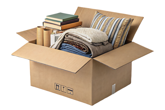 Open cardboard box containing folded blankets, striped pillow, books, and cardboard tubes, isolated on a transparent background