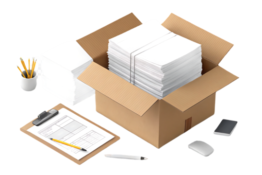 Open cardboard box filled with white paper stacks, clipboard, pencils, phone, and mouse, isolated on a transparent background