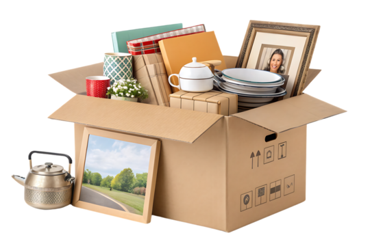 Open moving box with household items including teapot, dishes, books, plant, and framed photo, isolated on a transparent background