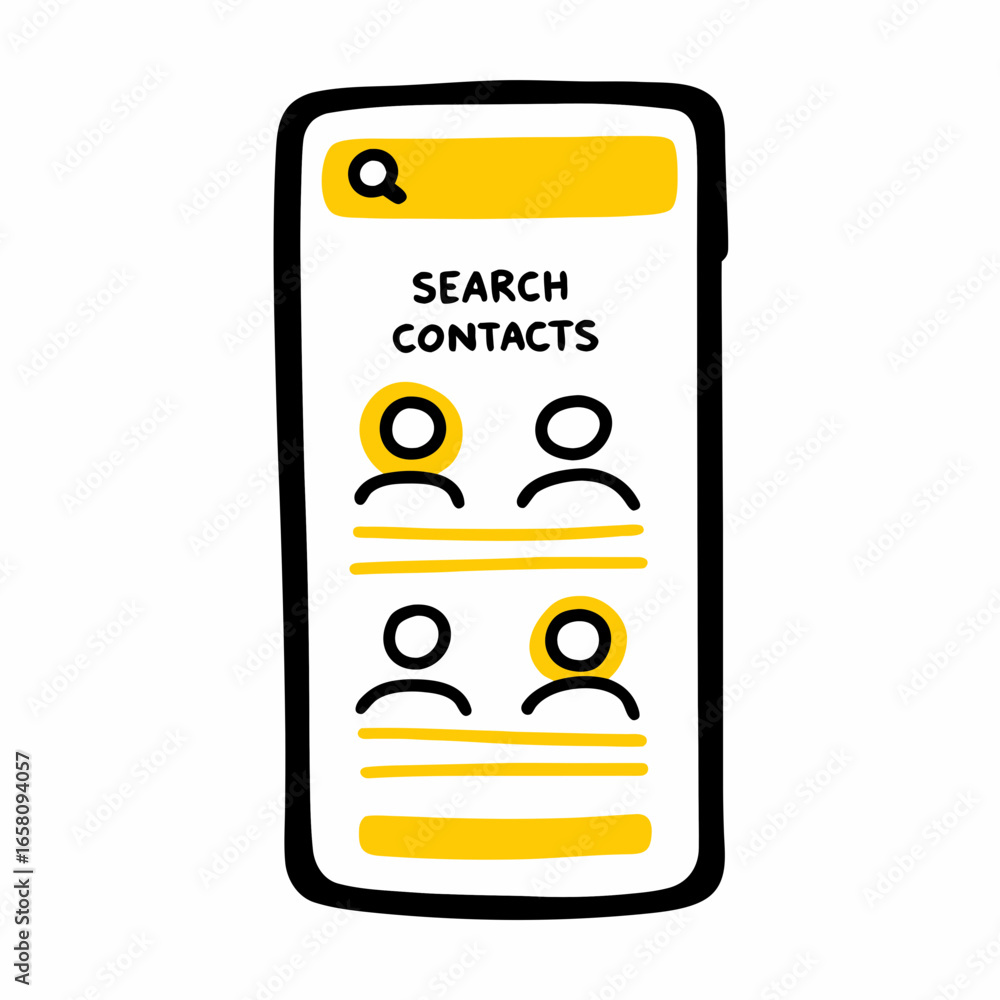 Poster mobile phone displaying contact search interface with icons