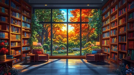 A tranquil library interior with a garden view.