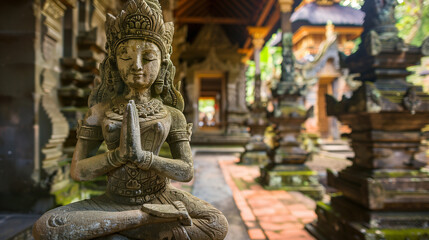 Obraz premium Ancient stone statue kneeling in prayer position in Bali temple. Traditional Balinese stone statue of a woman kneeling in prayer position, showcasing intricate carvings and cultural significance withi