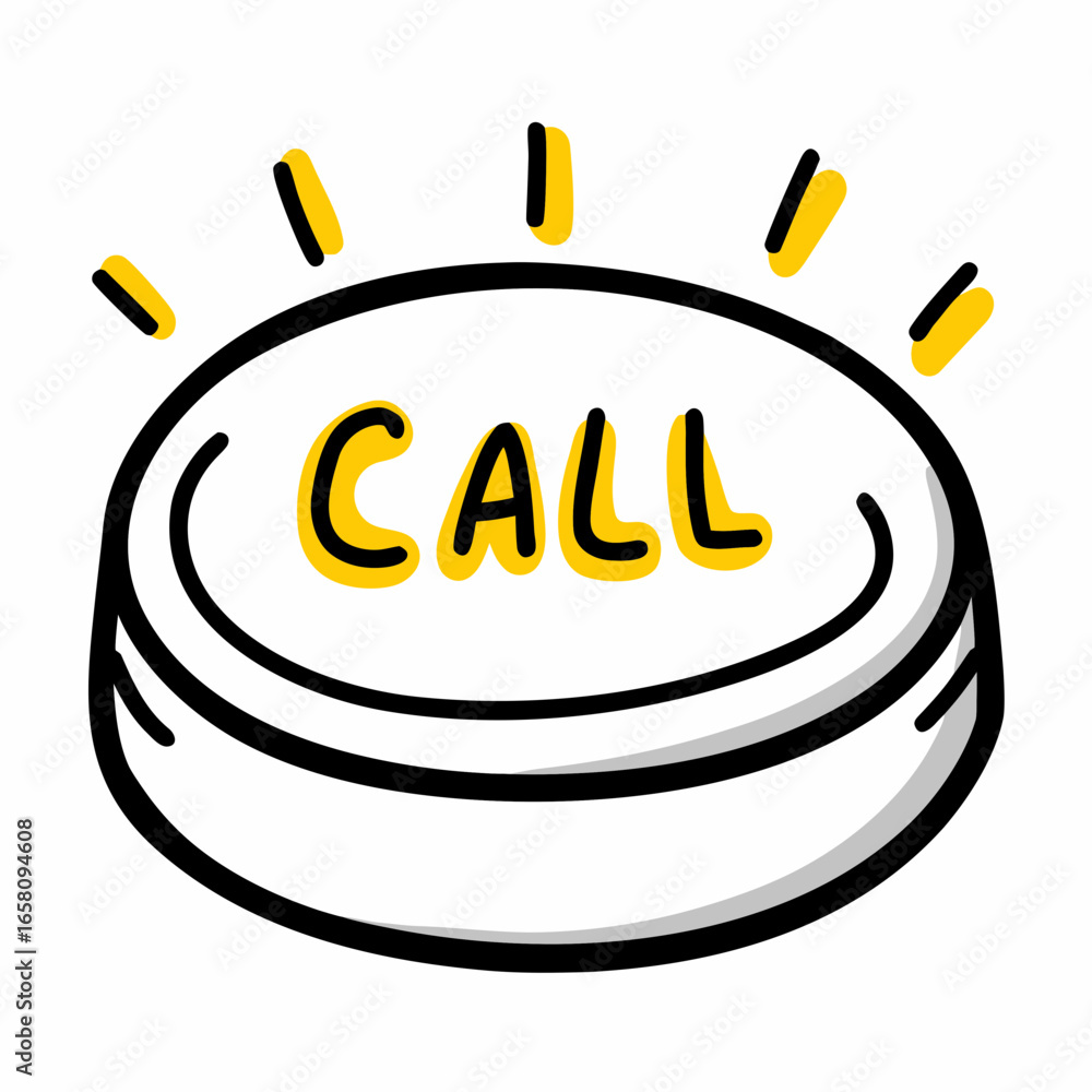 Aufkleber call button with yellow text and radiating lines in doodle style
