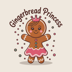 Cute gingerbread princess icon, brown cookie with pink crown and heart cheeks, holiday sweets clipart for tags, mugs and invitations