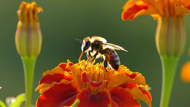 Bee gathering nectar from orange flower in sunny garden setting