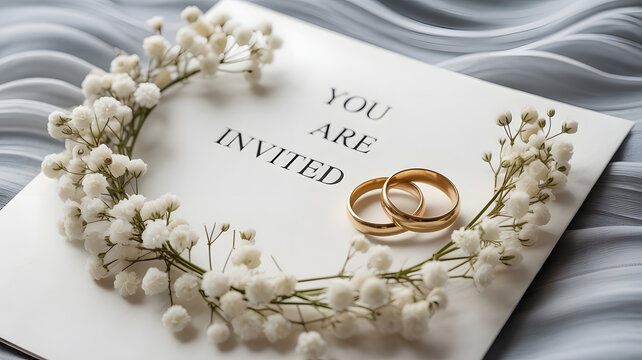 Wedding invitation card with golden rings and gypsophila flowers decoration