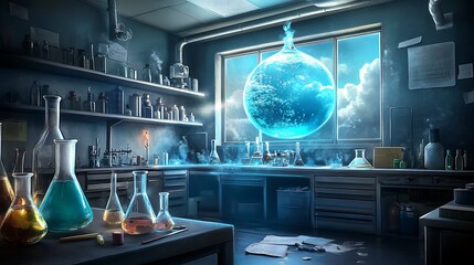 A scientific workspace where a large blackboard is covered in chalk-written chemistry equations and research notes.