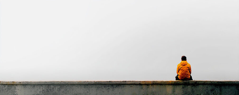 Person in bright orange jacket sits on a wall overlooking a foggy landscape during daytime near the coast