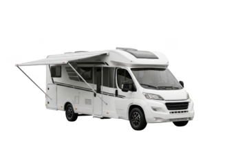 White motorhome with awning extended, isolated on transparent background
