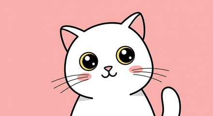 Adorable kawaii white cat with big expressive eyes and blush cheeks on a soft pink background