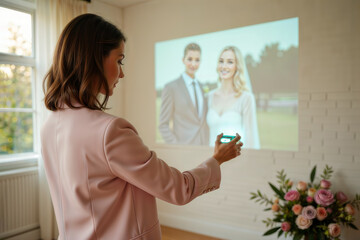 Fototapeta premium Woman using a mini portable projector to display a wedding photo on a wall.