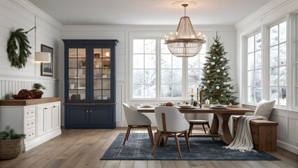 Realistic Minimalist White Holiday Dining Room, Navy And Walnut With Cream Palette, Brand-Free 3D