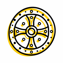 Obraz premium Decorative round shield with intricate patterns in yellow and black 
