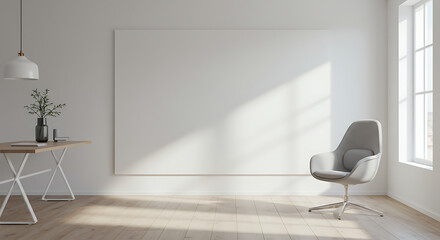 A bright and minimalist interior room with a large blank canvas on the wall, a modern chair, and a desk with a plant.