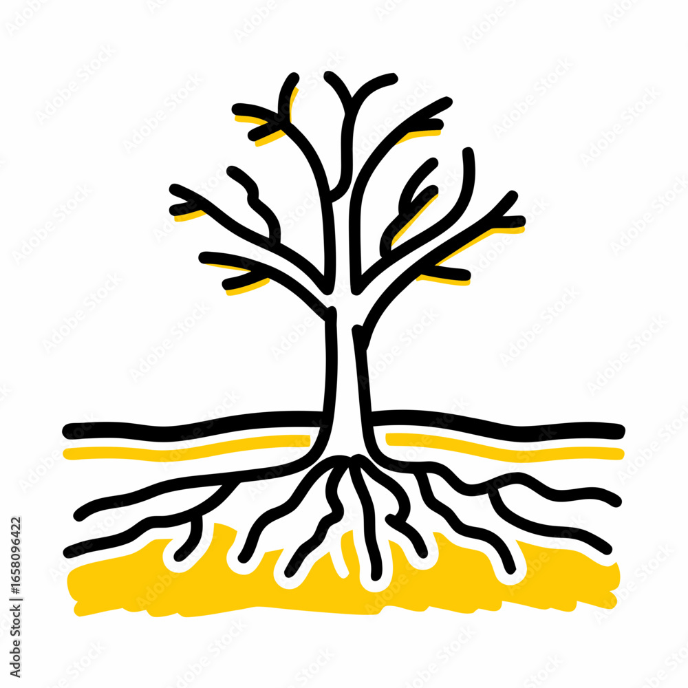 Poster abstract drawing of a tree with roots and yellow background