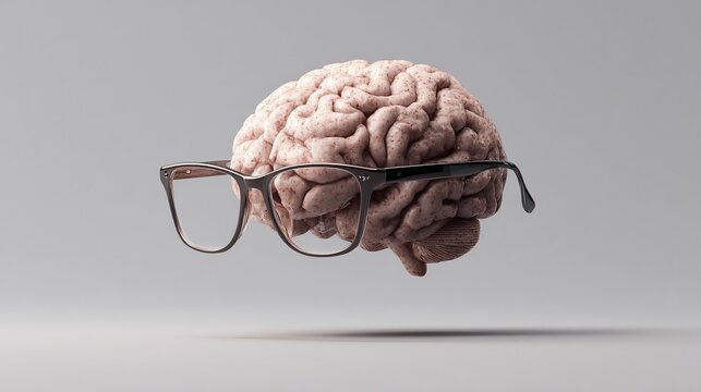Brain with glasses floating on light gray backdrop, focused subject matter