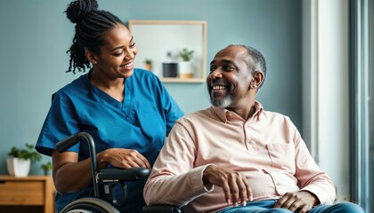 Obraz premium Happy caregiver with a smiling senior man in a wheelchair at home.