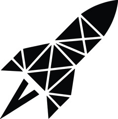 Geometric black rocket ship silhouette ascending on white background