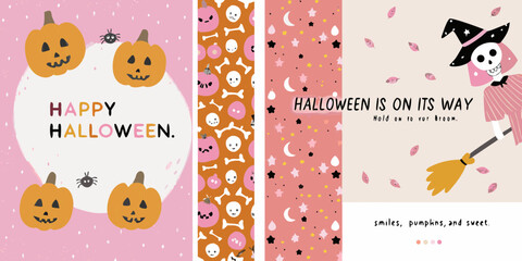 Colorful Halloween Illustration with Pumpkins Skeletons Witch and Festive Greetings