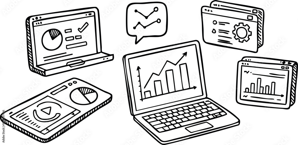 Poster Business Analytics and Data Visualization on Multiple Laptop and Tablet Screens with Charts and Graphs vector 