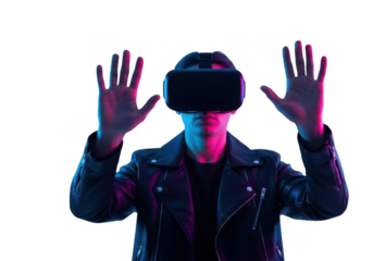Man wearing vr headset with neon lights, isolated on transparent background