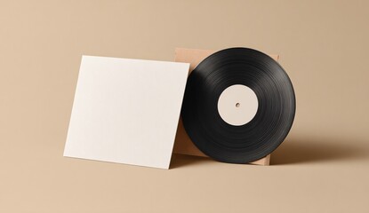 Black vinyl record with blank white sleeve on beige background