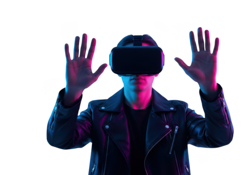 Man wearing vr headset with neon lights, isolated on transparent background