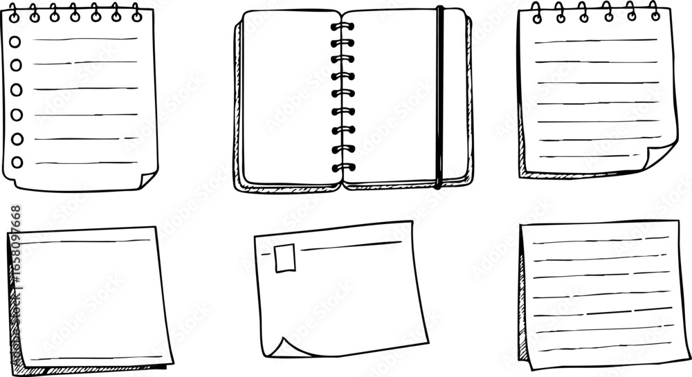 Poster hand-drawn notebook and paper sheets in vector illustration set for creative writing and note-taking