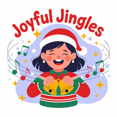 Joyful jingles girl in Santa hat with bells and lights, cheerful Christmas vector illustration for cards, posters, stickers, tshirt printable