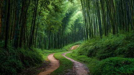Obraz premium Serene winding path through a lush green bamboo forest inviting adventure and tranquility.