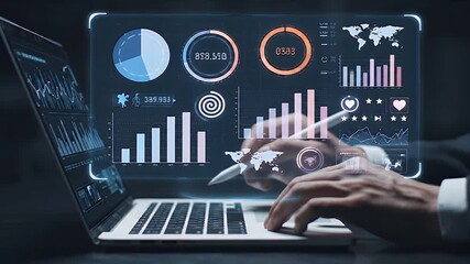 Futuristic Data Analysis and Business Intelligence Professional Engaging with Holographic Charts Graphs and Digital Dashboards on a Laptop for Strategic Insight - Powered by Adobe