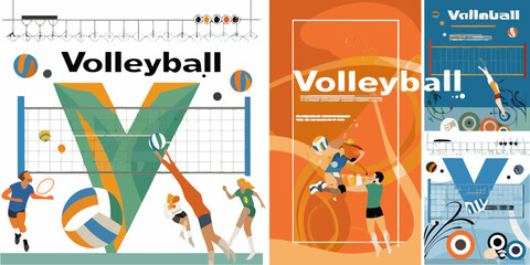 Volleyball Posters with Players Net and Ball Illustrations