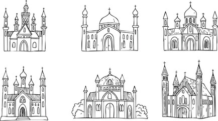 Collection of Six Black Outline Russian Orthodox Church Vector Icons with Domes and Spires 