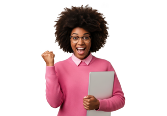 Happy african american woman with laptop celebrating success isolated on transparent background