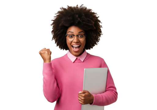 Happy african american woman with laptop celebrating success isolated on transparent background