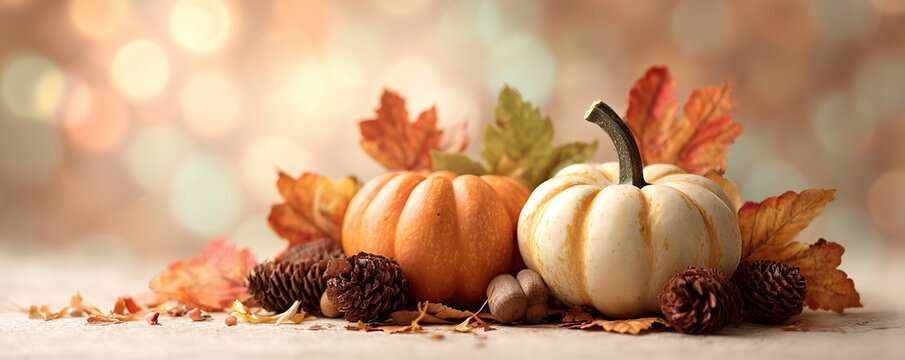 Colorful autumn display of pumpkins and leaves with pinecones on a textured surface during the fall season