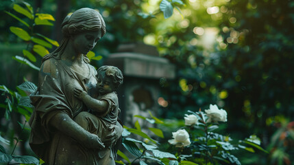 Stone broken statue of a mother holding a baby surrounded by lush greenery in a forgotten park 