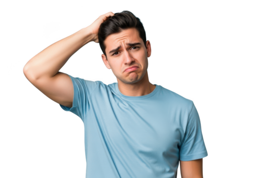 Young man scratching his head in confusion isolated on transparent background