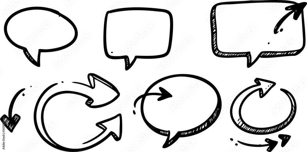 Aufkleber hand-drawn chat bubbles and circular arrows vector for communication and interaction concepts