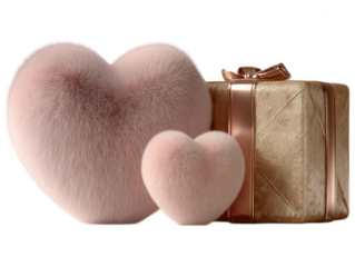 Two fluffy pink hearts and a golden gift box isolated on transparent background