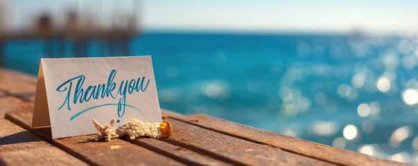 Thank you note placed on a wooden table near the seaside with sparkling water in the background on a sunny day