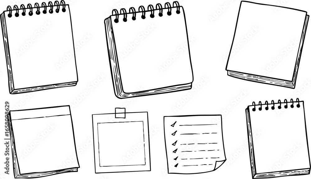 Aufkleber blank spiral notebook and memo pad vector set for office notes and reminders
