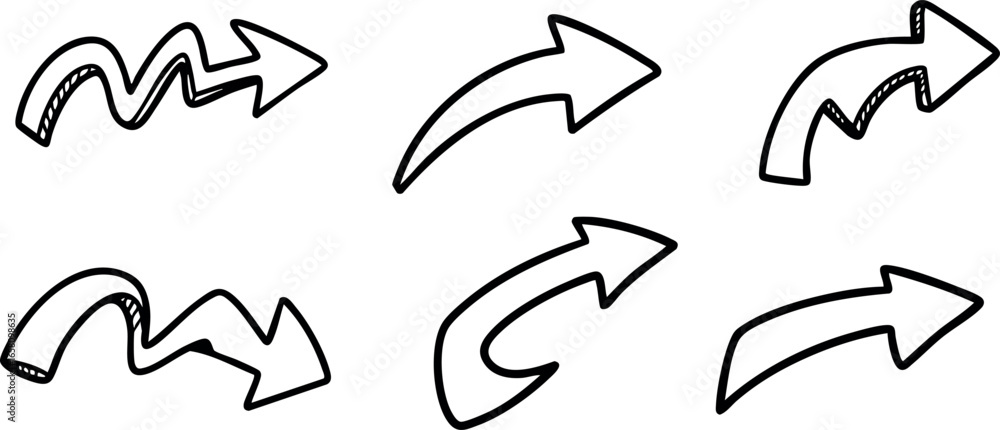 Poster set of six hand drawn arrow icons in simple linear style for design use
