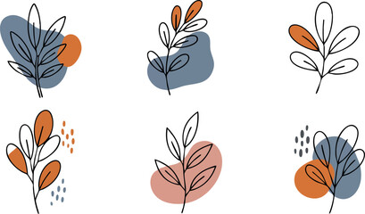 Abstract botanical elements with orange and blue shapes vector illustration natural flow 