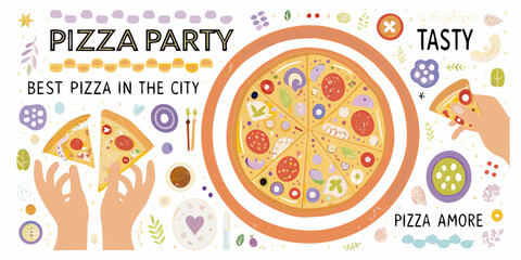 Fun and colorful pizza party illustration with hands holding slices and toppings